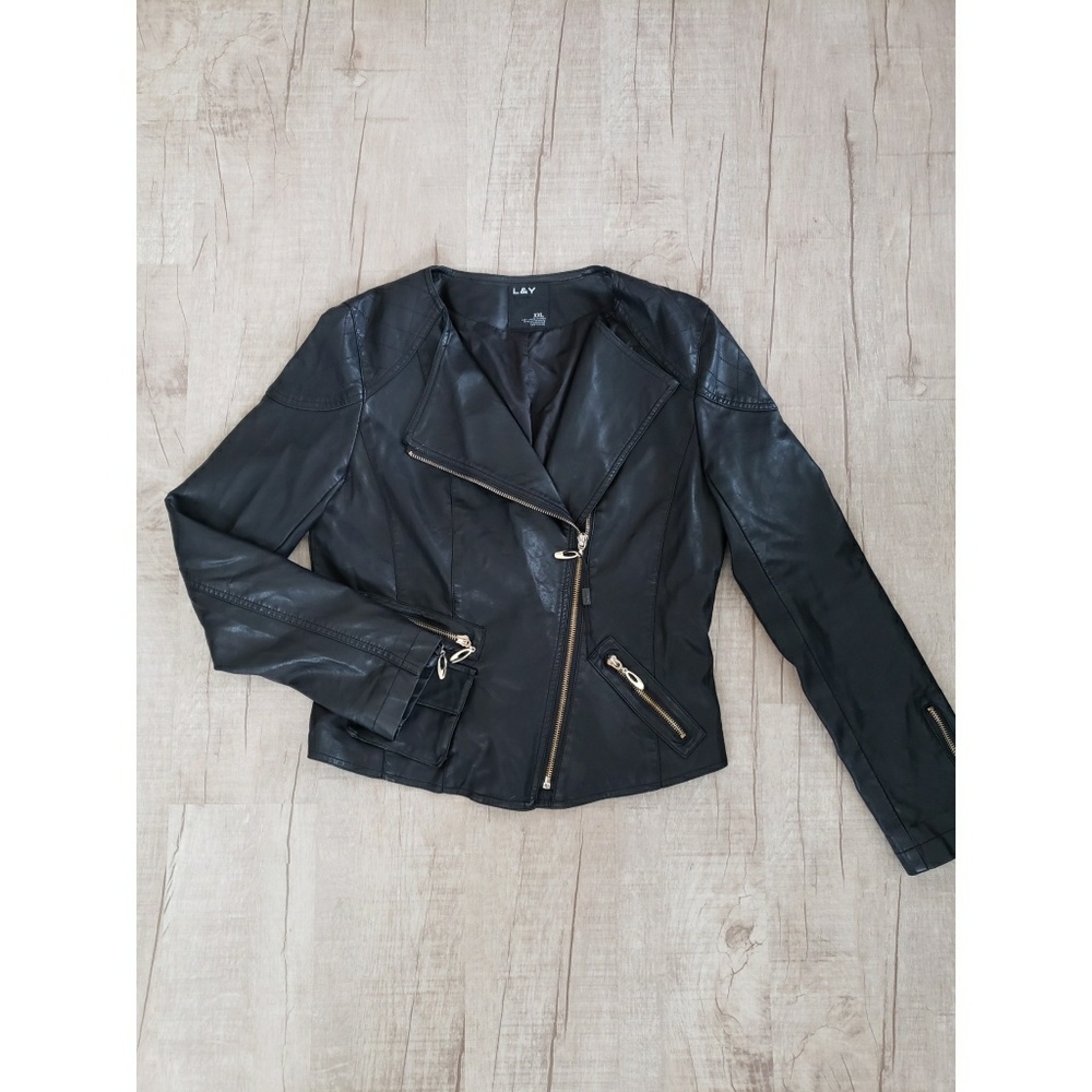 faux leather jacket with gold zippers